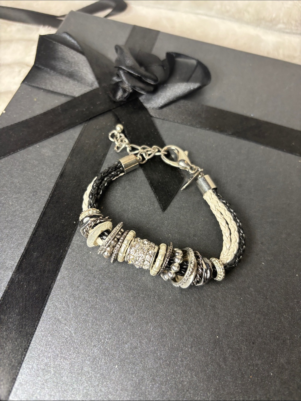 NY Two-Tone Black & Cream Braided Bracelet with Crystal Accent